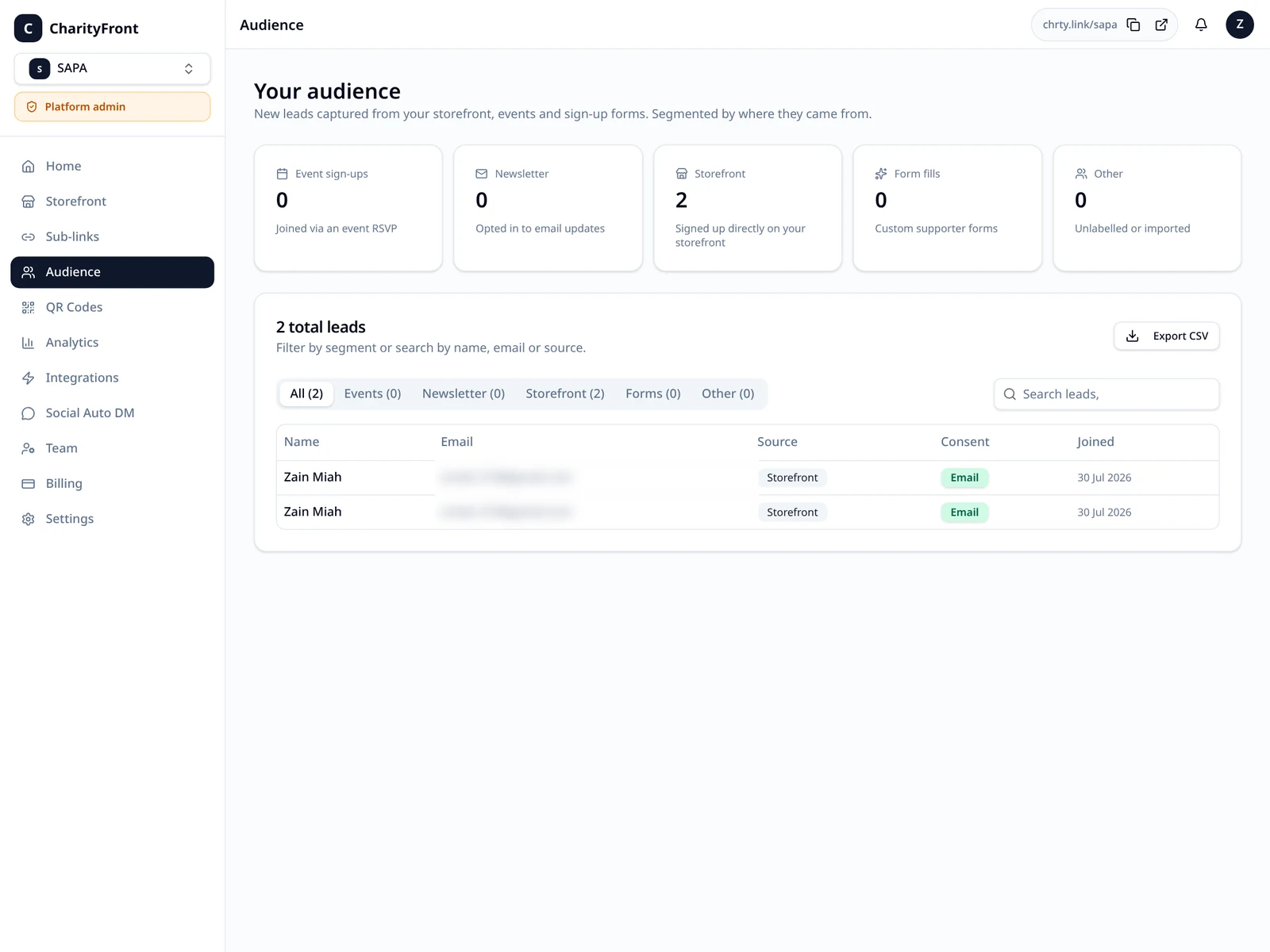 CharityFront audience list segmented by sign-up source